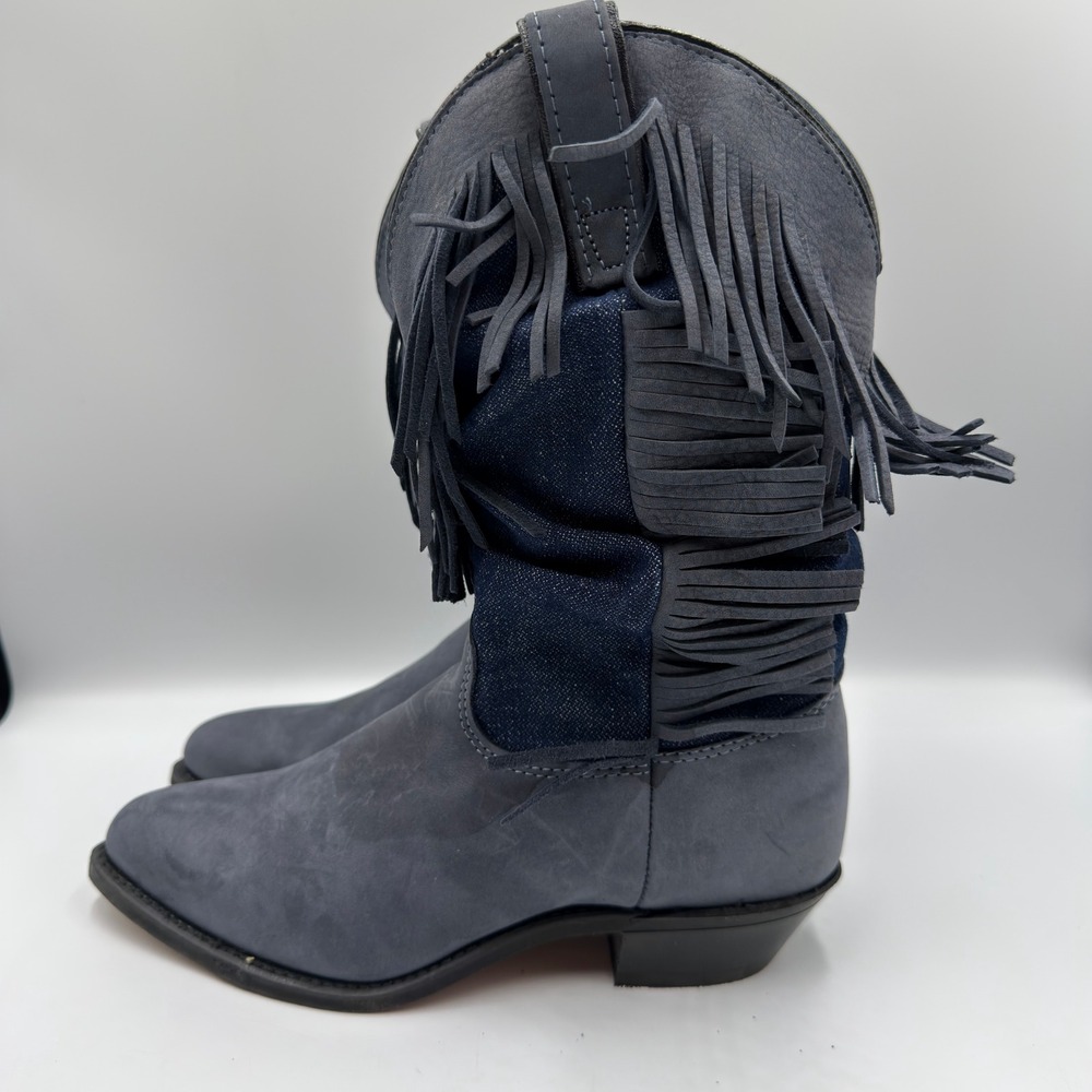 Vtg Wrangler Womens Durabuck Leather Fringe Western Boots Navy Blue Denim NEW - Picture 6 of 12